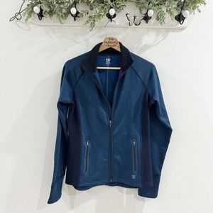 Title Nine Womens Full Zip Mock Neck Thumb Sleeve Jacket Blue Fleece Lined
